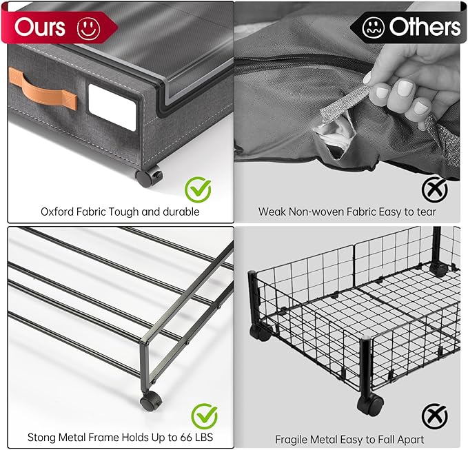 Yecaye 70L Under Bed Storage with Wheels, 2Pack Larger Capacity Under Bed Storage Containers, Underbed Shoe Storage Organizer, Rolling Under Bed Metal Drawers for Clothes, Blankets(35.5 x 17 x 6.7in)