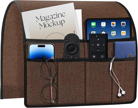Remote Holder for Recliner Armchair & Couch, Non Slip Sofa Armrest Organizer Caddy with 6 Pockets Thick Linen Fabric Storage for Tablet, Phone, iPad, Magazine, 19x35 Inches, Brown