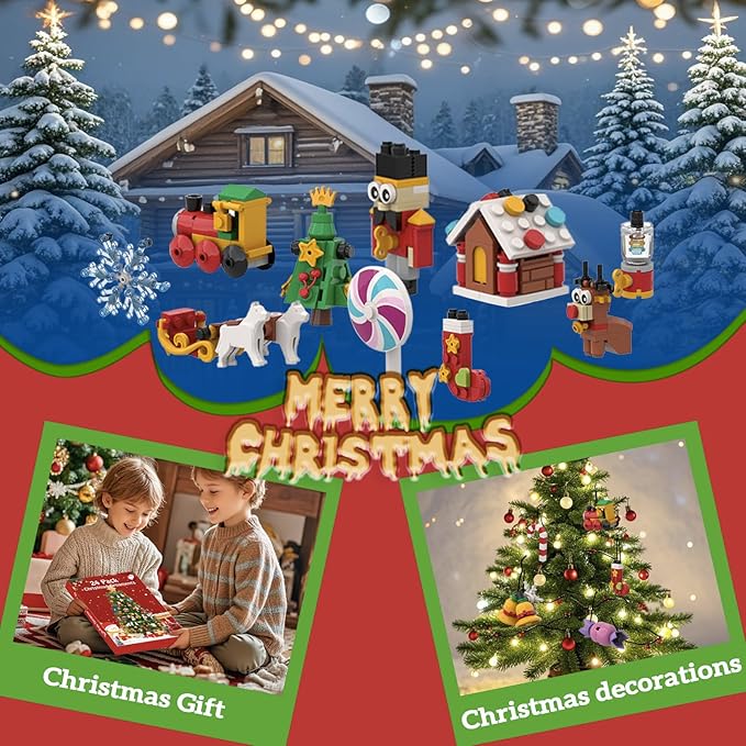 NKTOIEYS Christmas Ornaments Building Sets,24 Packs DIY Christmas Tree, Wreath Santa, Snowman,2024 New Decorative Hanging Xmas Ornaments Building Toys Best Festival Gift for Kids