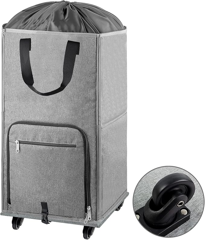 Laundry Hamper with Wheels, Bukere Large Rolling Laundry Basket with 4 Casters and 2 Handles, Collapsible Freestanding Wheeled Laundry Bag for Clothes, Laundry Room, Bathroom