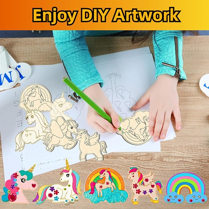 398 Pcs Unicorn Crafts, Wooden Painting Crafts for Kids, Wooden Crafts With 30 Wooden Blocks 354 Rhinestones 12 Color Pens 2 Stickers, Kids Crafts, DIY Crafts and Birthday Party Gifts for Kids