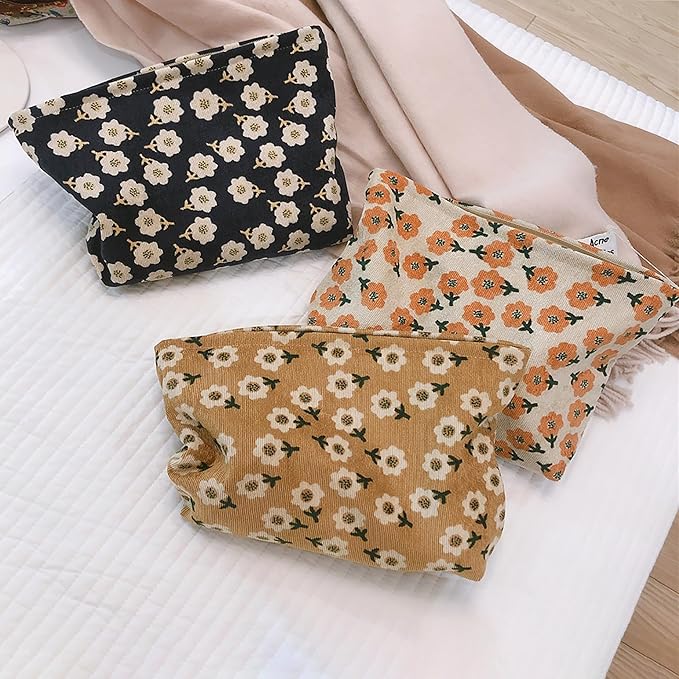 HAPPYHEIDI Women Floral Corduroy Canvas Makeup Bag Travel Cosmetic Pouch Purse Organizer, Cute Beige