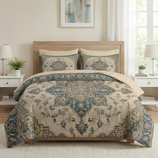Comforter Set Full Size, Medallion Oriental Vintage 7 Pcs Bedding for Kids and Adults, Floral Blue Bed Sheet Sets with Fitted Sheet 2 Pillowcases & 2 Shams for Bedroom Bed Decor