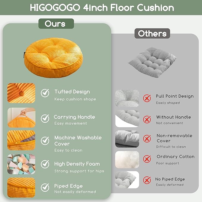 Washable Floor Pillow Cushion for Adults, Meditation Cushion Pillow, Large Round Floor Sitting, Removable Tufted Corduroy Cover, for Tatami Living Room or Yoga, 22x22 Inch, 2Pack, Machine Washable