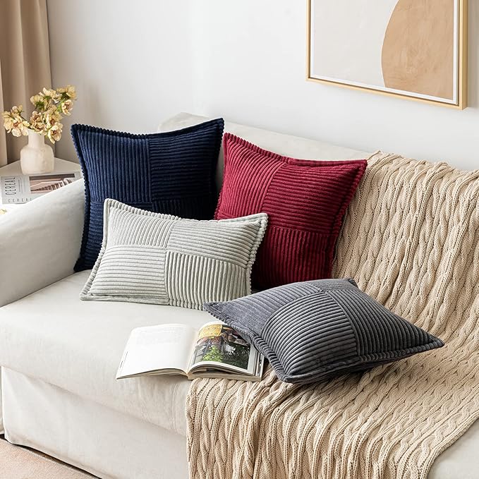 MIULEE Christmas Decorative Throw Pillow Covers for Couch Bed Livingroom 18x18 Inch Set of 2 Burgundy Boho Accent Throw Pllows Broadside Striped Patchwork Soft Corduroy Pillowcases