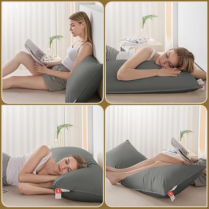 Goose Down Body Pillows for Adults, Large Body Pillow for Side Sleeper, Hugging Feather Body Pillow Insert, Cooling Full Length Long Pillow for Bed with 100% Organic Cotton Shell, 20"x72" Dark Grey