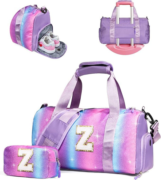 Birthday Gift for Granddaughter-Girl Gym Bag with Shoe Compartment, Kid Personalized Weekender Overnight Bags, Initial Travel Tote with Makeup Pouch, Gifts for Girls (Letter Z)