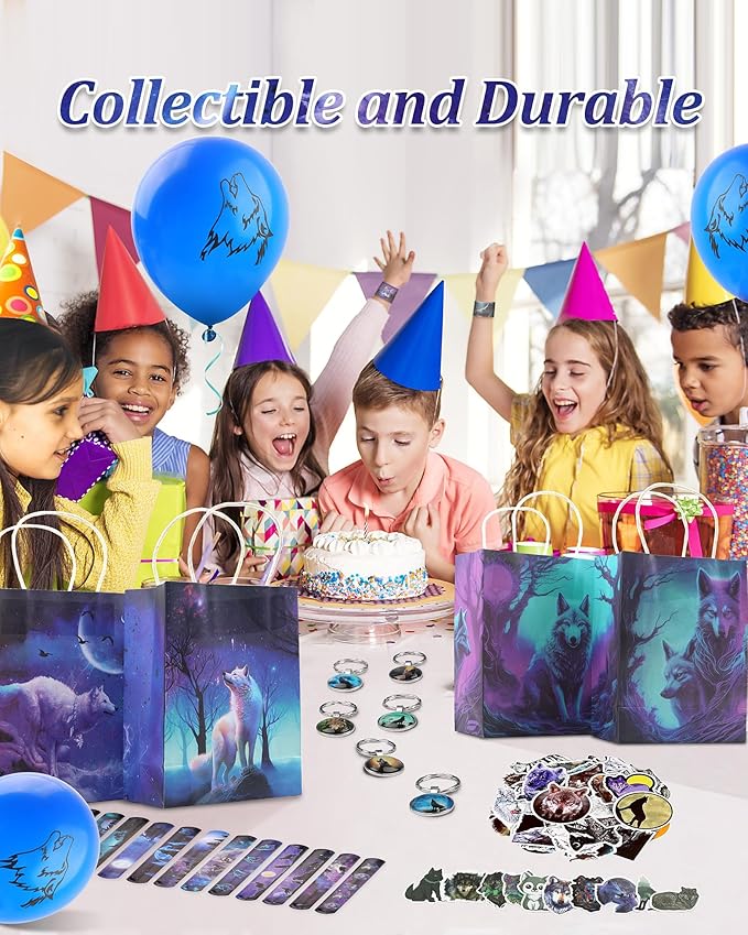 98 pcs Halloween Wolf Party Favors For Kids -Wolf Birthday Party Favors with Wolf Storage Bag Balloons Keychains Clapping Wristbands and Wolf Stickers for Wolf Party Decorations and Halloween