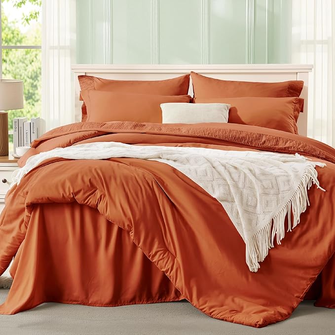 Anluoer Burnt Orange Full Comforter Set 7 Pieces, Bed in a Bag with Sheets, All Season Bedding Sets with 1 Comforter, 2 Pillow Shams, 2 Pillowcases, 1 Flat Sheet, 1 Fitted Sheet
