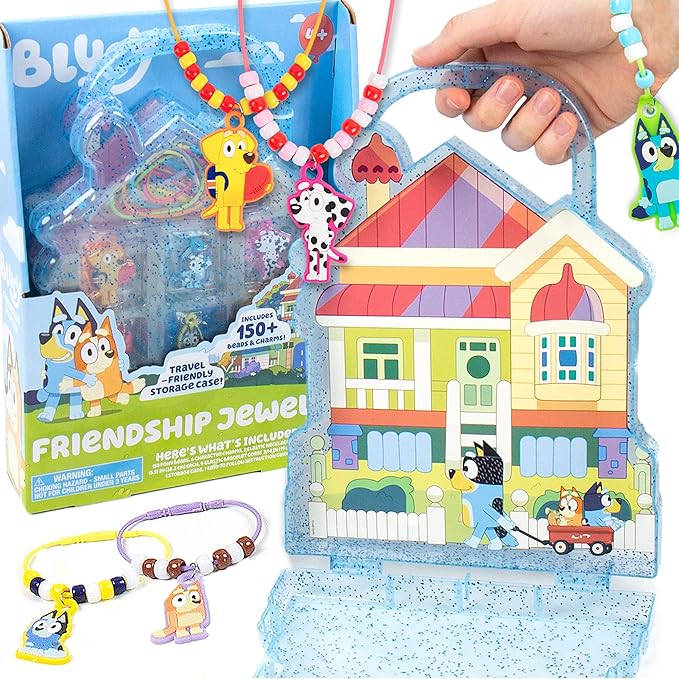 Horizon Group USA Friendship Jewelry Kit, Create Bracelets & Necklaces With 150 Beads & 6 Charms, Bluey Storage Case Included, Gifts for Kids