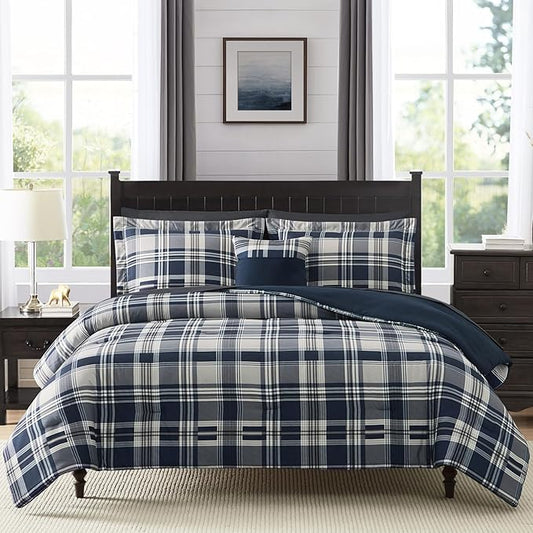 MaiRêve Queen Size Comforter Set Navy Blue, Classic Plaid Farmhouse 7 Pieces Bedding Set, All Season Lightweight Bed in a Bag with Sheets, Pillowcases & Shams