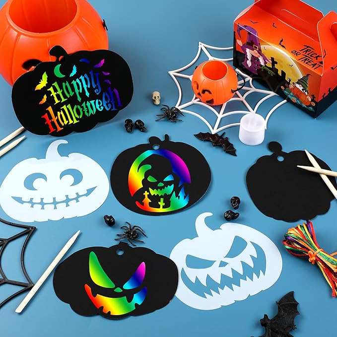 JULMELON 48 Pieces Halloween Scratch Paper Crafts Kit Bulk of Halloween Pumpkins Magic Rainbow Scratch Art for Kids DIY Party Ornaments Halloween Decor with 6 Pcs Halloween Pumpkins Stencils
