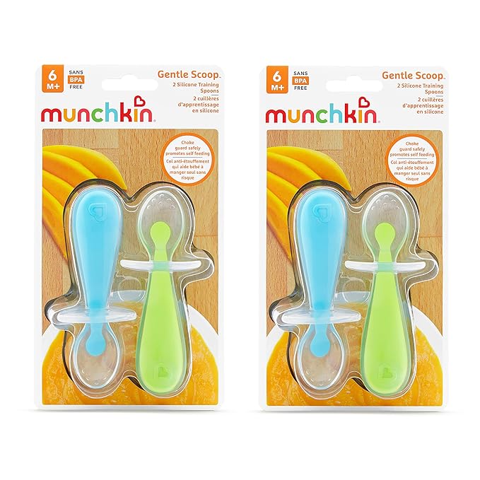Munchkin® Silicone Scoop™ Trainer Spoons with Choke Guard for Baby Led Weaning, 4 Count, Blue/Green