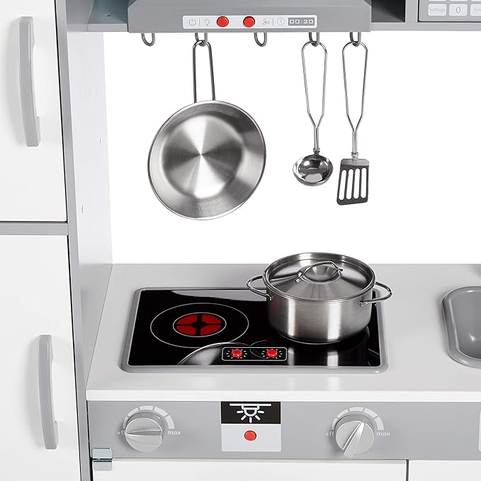 Amazon Basics Kids Upright Wooden Kitchen Toy Playset with Stove, Oven, Sink, Fridge and Accessories, for Toddlers, Preschoolers, Children Age 3+ Years, White & Gray, 39"L x 11.8"W x 39'H'