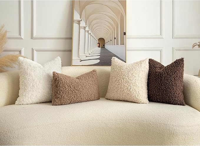 Pack of 2 Curly Teddy Wool Faux Fur Throw Pillow Covers Fuzzy Accent Soft Sherpa Pillowcases Sheepskin Fleece Decorative Cushion Case for Sofa Couch Living Room 18x18 Inch Chocolate