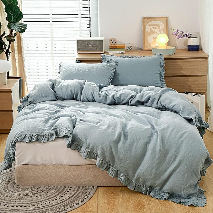 Simple&Opulence 100% Linen Duvet Cover Set, 3 PCS Natural French Flax Dusty Blue Ruffle Duvet Cover King Size, Breathable Comfy Linen Bedding Comforter Cover with 2 Pillowcases(Dusty Blue, 104" X 92")