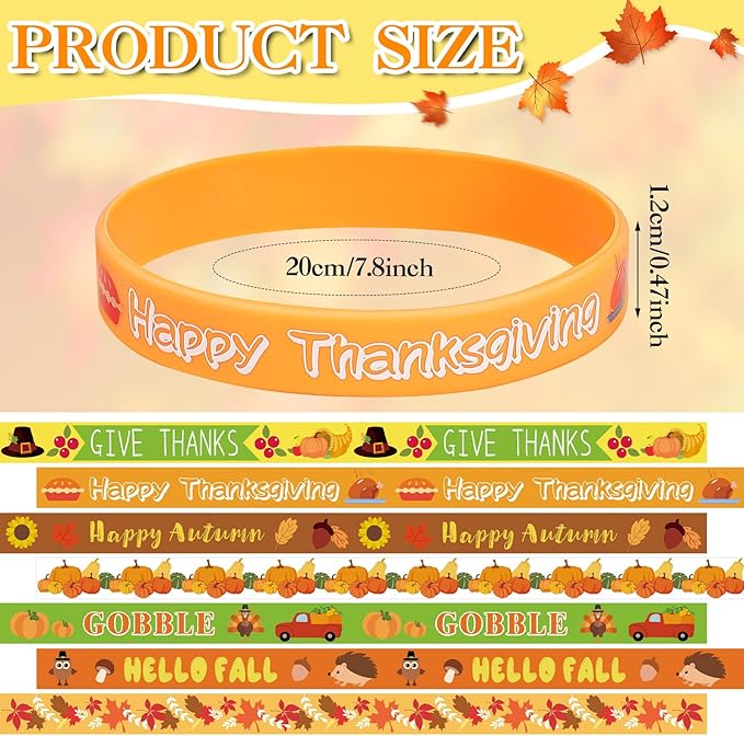 JUNEBRUSHS 42pcs Thanksgiving Party Favors Silicone Bracelets Rubber Wristbands Accessories for Autumn Thanksgiving Kids Adults Party Decorations Stuffers Filler Gift Supplies(7 Designs)