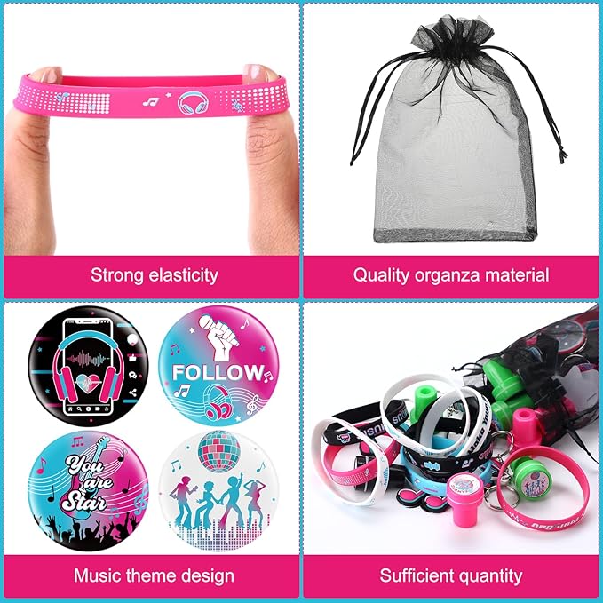 Capoda 110 Pcs Music Party Favor Supplies Kit Media Theme Gift Bag Filler Silicone Bracelets Button Pins Music Keychains Stampers Stickers for Boys Girls Music Birthday Party Decorations Supplies