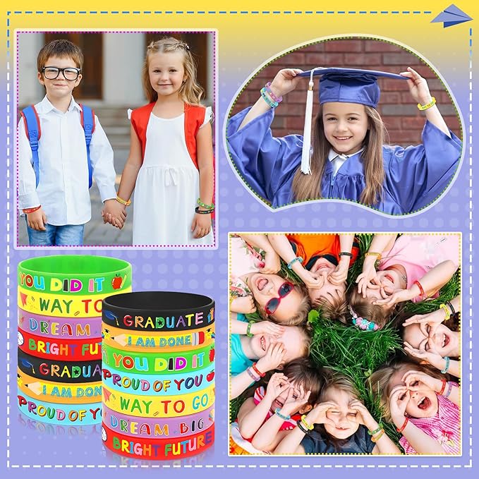 JUNEBRUSHS 42pcs Kindergarten Preschool Graduation Party Favors Silicone Bracelets Rubber Wristbands Supplies for Class of 2024 Graduation Kindergarten Preschool Party Favors Accessories