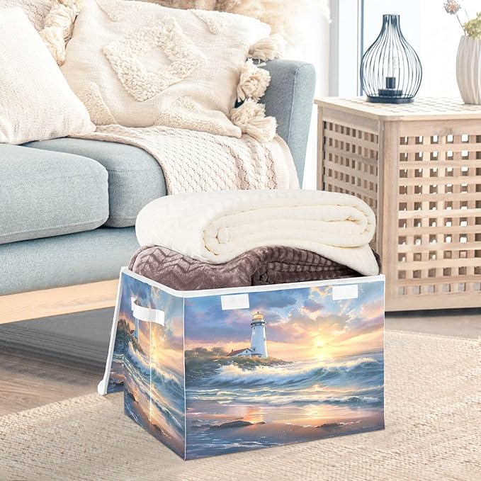 senya Large Storage Bins with Linen Collapsible Foldable Storage Cubes Fabric Closet Organizer Containers box with Flip-Top Lid for Home Bedroom Office 16.7 x 12.6 x 11.8in (Seaside Scenery)