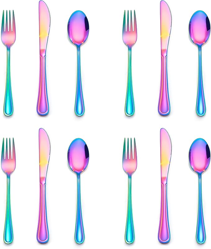 E-far 12-Piece Rainbow Kids Silverware, Stainless Steel Toddler Kids Utensils Safe for Preschooler/Children, Includes 4 Forks 4 Spoons 4 Knife, Slimline Look & Small Size, Rust Free