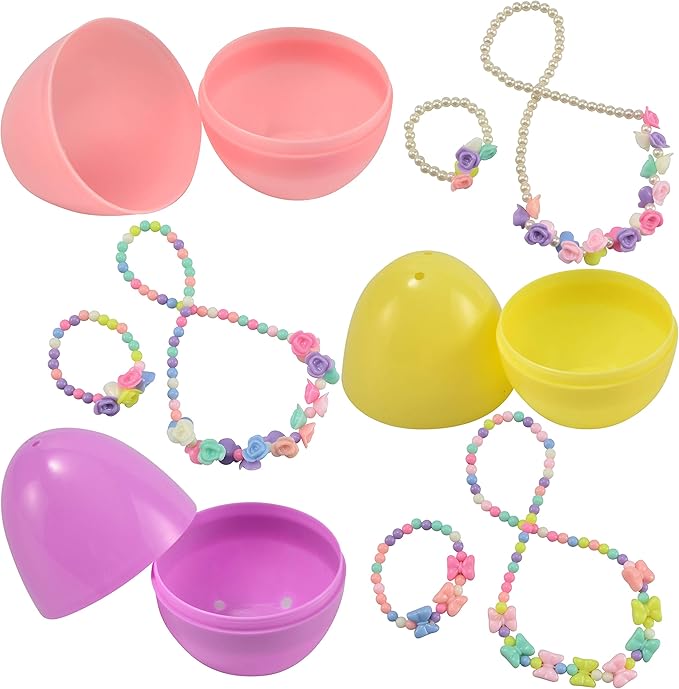 JOYIN 12 Pack Prefilled Easter Eggs with Jewelry Toys, Different Designs of Necklaces and Bracelets Girls Jewelry Set for Kids Easter Party Favor, Basket Stuffer, Classroom Exchange and Prize Supplies
