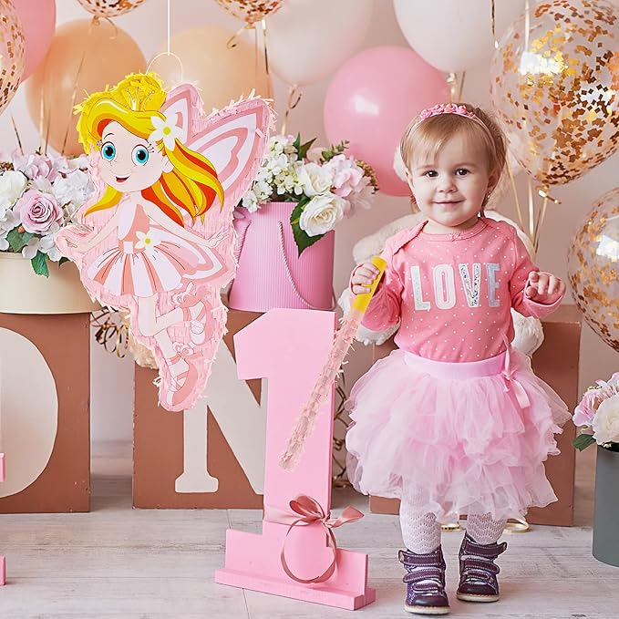Lewtemi 4 Pcs Fairy Princess Piñata Set 15.7 x 12.5 x 3" Pink Piñata with Stick Blindfold Colorful Confetti, Small Piñata for Girl Princess Theme Birthday Party Supplies, Baby Shower, Kid Piñata Party