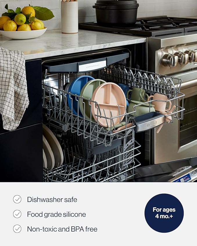 Lalo First Bites Silicone Baby Feeding Set - Baby Led Weaning Supplies - Non-Toxic Silicone - Includes 2 Spoons, Training Cup, & Suction Bowl - 4 Pieces - Lavender