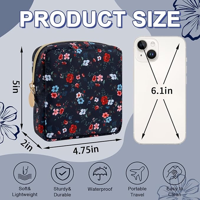 UIXIZQ Waterproof Mini Floral Makeup Bag Pouch for Purse,Nylon Flower Cosmetic Travel Bag Small Preppy Toiletry Organizers Bag for Women Girl,Cute Zipper Pouch Coin Purse for Work(Mini Black-Flowers)