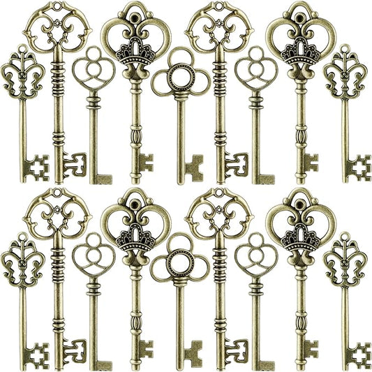 Fumete 100 Pcs Large Vintage Skeleton Key Set Charms Mixed Antique Style Brass Key Set Charms Old Fake Antique Rustic Supplies for DIY Crafts Jewelry Making Necklace Party Decor Decoration(Bronze)