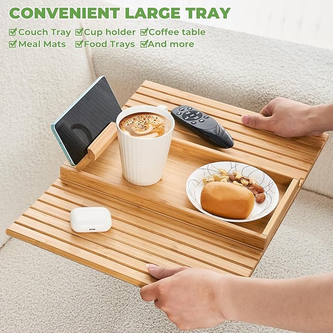 Bamboo Sofa Arm Tray, Anti Falling Couch Arm Tray Armrest Table with 360° Rotating Phone Holder, Foldable and Portable Sofa Armrest Trays Cup Holder for Drink,Cups, Phone, Snacks, Remote