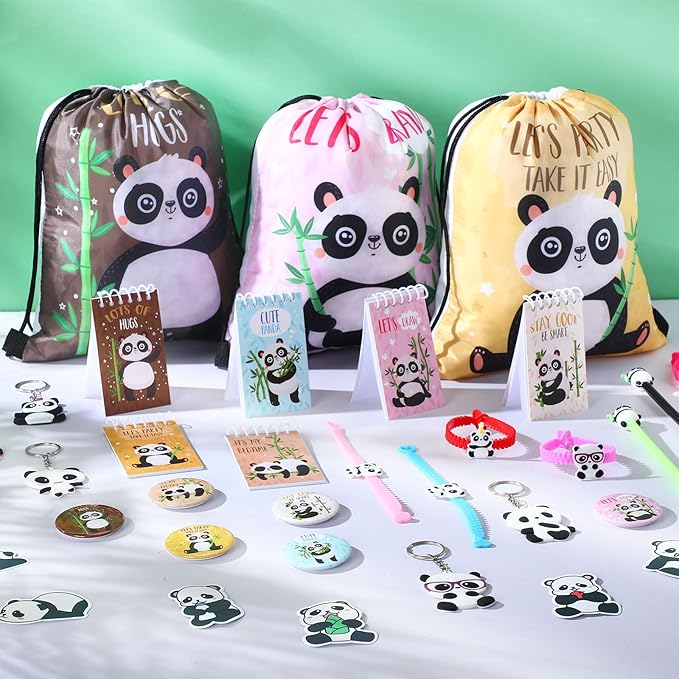 Abbylike 129 Pcs Panda Party Supplies Favors for Kids Panda Themed Birthday Party Supplies Gifts Include Panda Stickers Keychain Notebook Drawstring Bags Badges Pens Silicone Wristbands Headbands