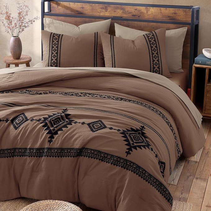 MaiRêve Oversized Queen Comforter Set Brown, Embroidery Western Bedding Set Boho 7 Pieces, Farmhouse All-Season Bed in A Bag with Sheets, Pillowcases & Shams