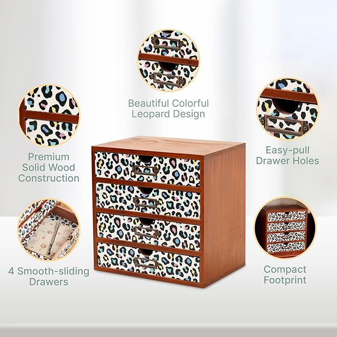 Colorful Leopard Print Wooden Desk Organizer - 4-Drawer Desktop Storage Cabinet for Office Supplies, Craft Tools & Home Organization - Trendy Wood Design for Crafters, Art Enthusiasts, Students
