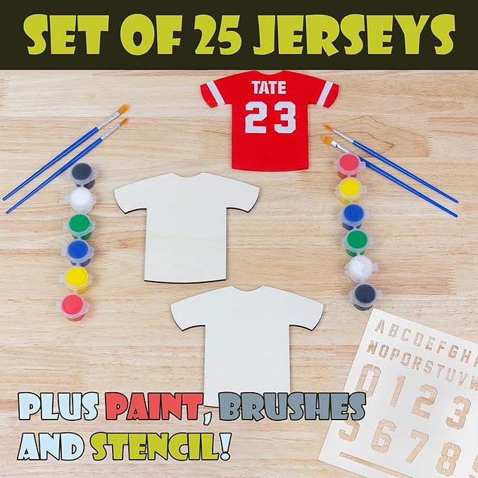Attatoy Sports Kids’ Wooden Craft Kit (Party-Pack); Sport Jersey Decorating Art Painting Set w/ 25 Sports Shirt Cutouts