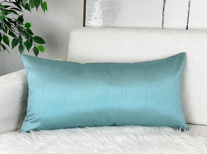 Aiking Home 12x24 Inches Faux Silk Rectangular Throw Pillow Cover, Zipper Closure, Aqua (Set of 2)