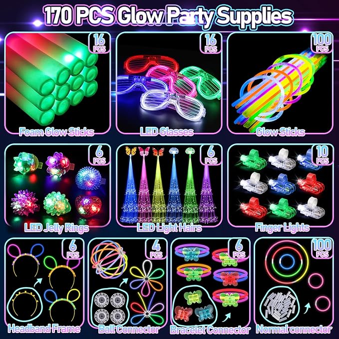 170PCS Glow in the Dark Party Supplies, 16PCS LED Foam Sticks, 16PCS LED Glasses and 100PCS Glow Sticks Necklaces Bracelets Headband, Light Up Party Favors for Kids Adults, Wedding, Concert, Birthday