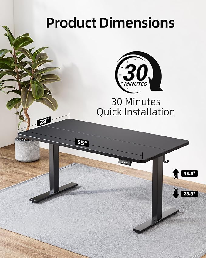 TIQLAB Electric Standing Desk, Adjustable Height Stand up Desk, 55 * 28 Inches Sit Stand Home Office Table with Splice Board, Black