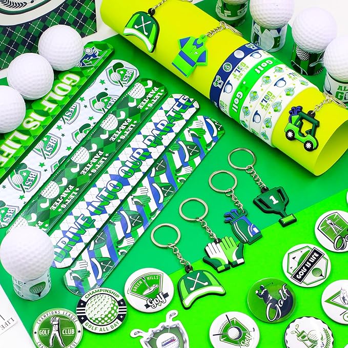 122Pcs Golf Party Favors Golf Goodie Bags Items with Stress Ball Keychain Sticker Badges Silicone Bracelet for Golf Birthday Party Decorations