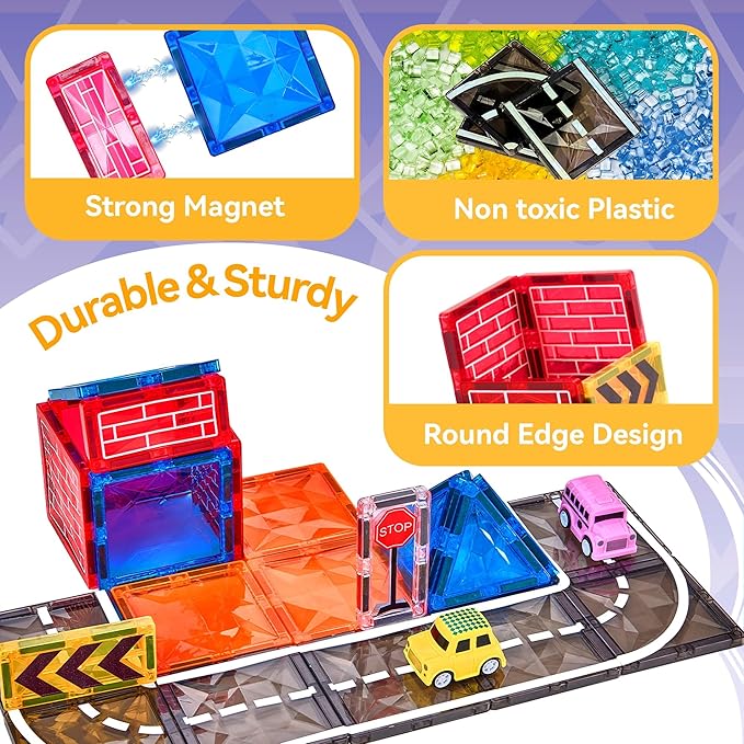 Magnetic Tiles Road Set with Car Crane and Toy Figurine, Construction Tiles Building Blocks Set for Kids Birthday Gifts, Educational STEM Sensory Toys for 3 4 5 6 7 8+ Year Old Toddlers Boys Girls