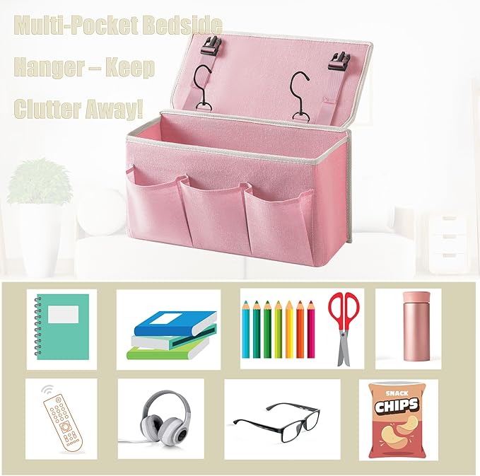 Bedside Caddy/Bedside Storage Organizer Hanging Bag with Three Options,Suitable for home beds, sofas, and dormitory beds—can hold magazines, books, phones, iPads, remote controls. (Pink)