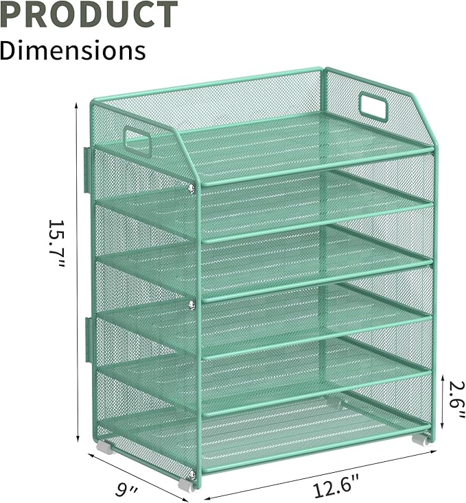6 Tier Desk Organizer, Heavy-Duty Thick Metal Letter Tray Organizer, Large Capacity Desktop File Organizer for Heavy Files, Easy to Assemble for Home, Office & Classroom,Black,Green