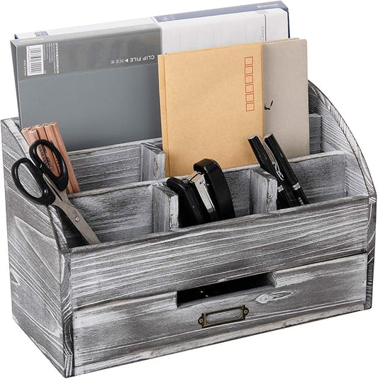 canwedance Distressed Rustic Wooden Office Desk Organizer 5 Compartment with 2 Drawer &Counter Desk Tabletop Desktop Mail Rack, Pens, Notebooks, Folders, Pencils and Office Supplies (grey)
