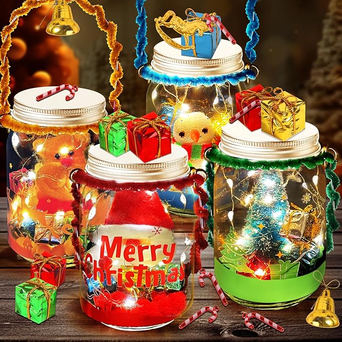 Christmas Craft Kits for Kids, 4PCS Christmas Mason Jar Kit with Accessories for Kids DIY Christmas Craft Supplies, Christmas Art & Craft Kits Xmas Activities Party Favor Gifts for Kids Aged 3-12