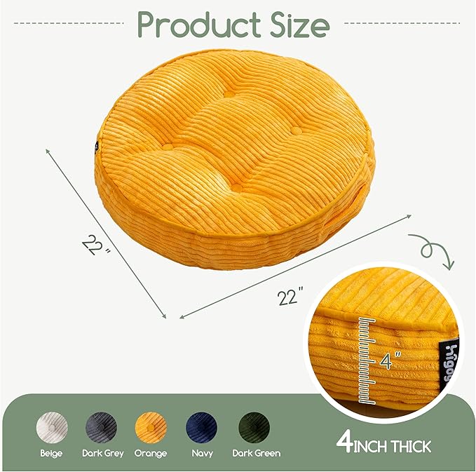 Washable Floor Pillow Cushion for Adults, Meditation Cushion Pillow, Large Round Floor Sitting, Removable Tufted Corduroy Cover, for Tatami Living Room or Yoga, 22x22 Inch, 2Pack, Machine Washable