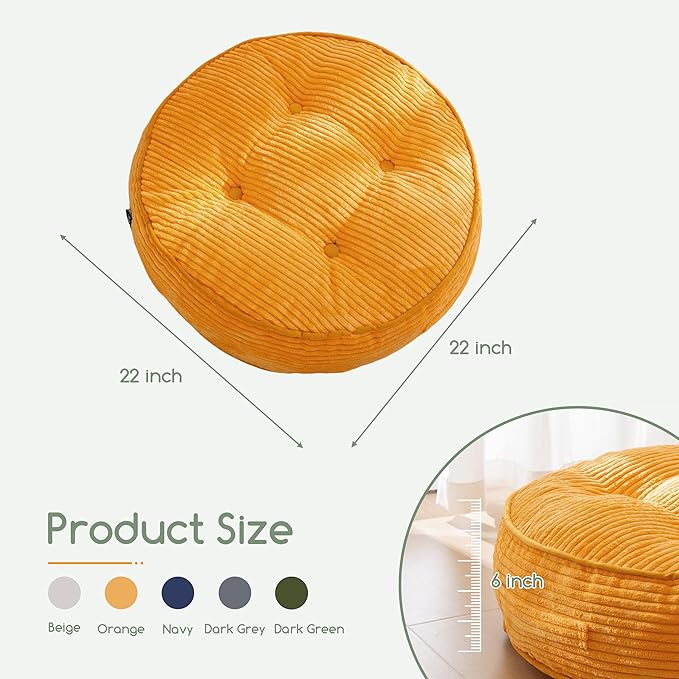 6" Washable Floor Pillow Cushion for Adults, Meditation Cushion Pillow, Large Round Floor Sitting, Removable Tufted Corduroy Cover, for Tatami Living Room or Yoga, 22x22 Inch, Machine Washable