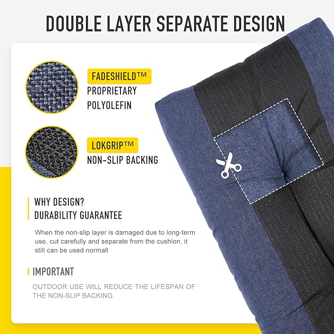 SUNROX LokGrip Non Slip Tufted Memory Foam Bench Cushion, FadeShield Water Resistant Durable Thicken Outdoor/Indoor Bench Seat Pads 51x16x4 inch, Heather Indigo