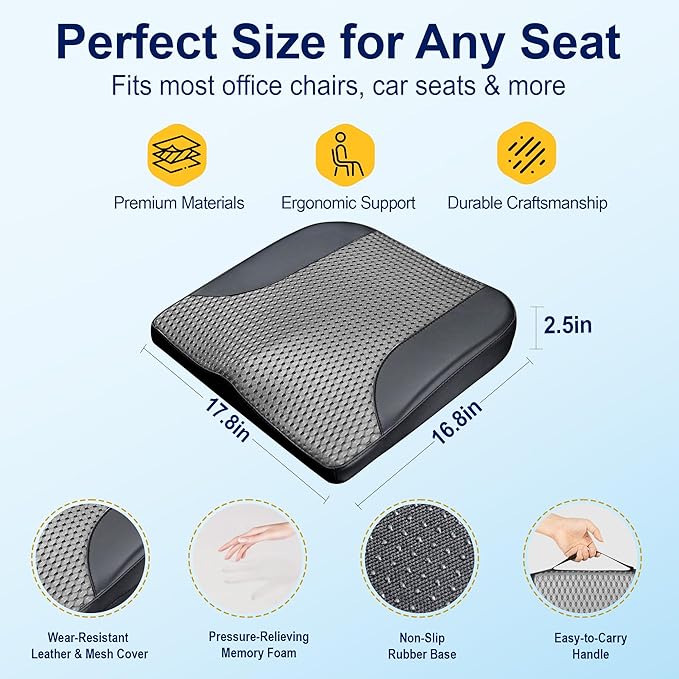 kingphenix Car Seat Cushion – Memory Foam Pad for Driving Comfort – Boosts Height and Relieves Coccyx & Lower Back Pain – Car, Truck, Office Chair (Leather Black & 4D Mesh Gray)