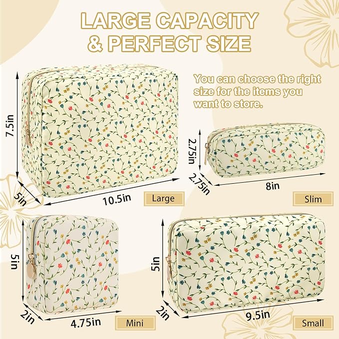 UIXIZQ Waterproof Mini Floral Makeup Bag Pouch for Purse,Nylon Flower Cosmetic Bag Small Preppy Toiletry Organizers Bag for Women Girl,Cute Zipper Pouch Coin Purse for Work(Mini Light Yellow-Flowers)