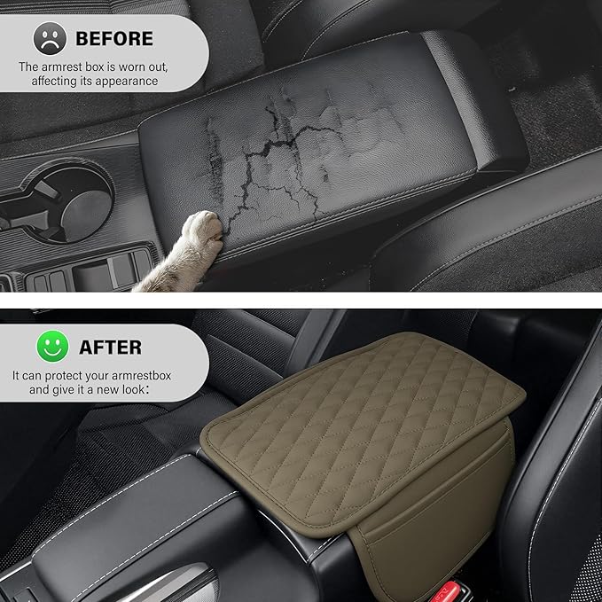 Amiss Car Center Console Cover, Upgraded Leather Car Armrest Cushion with 2 Storage Pockets, Universal Waterproof Cushion Pad, Non-Slip Car Interior Accessories, Fits Most Sedans SUVs Trucks (Beige)